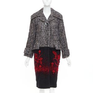 PRADA 2017 speckled wool tweed red bead embellishment hem long coat IT38 XS